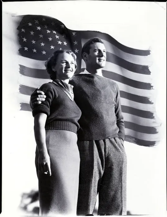 Framed Print : Young American Couple Posing with Flag Framed Print : Young American Couple Posing with Flag