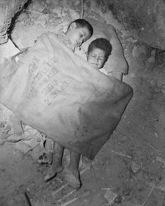 Framed Print : Young Arabs Share A Sack For Protection Framed Print : Young Arabs Share A Sack For Protection