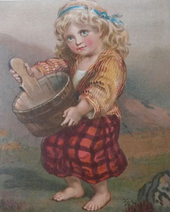 Framed Print : Young blond girl carrying a wooden bucket Framed Print : Young blond girl carrying a wooden bucket