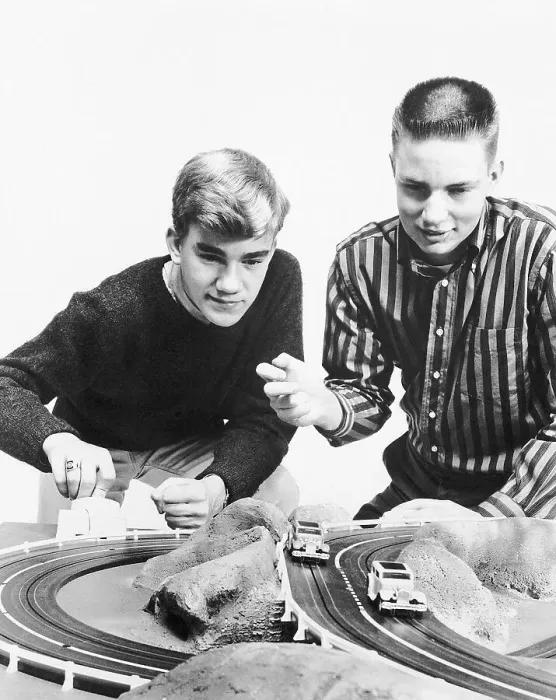 Framed Print : Two Young Boys Playing Slot Car Framed Print : Two Young Boys Playing Slot Car