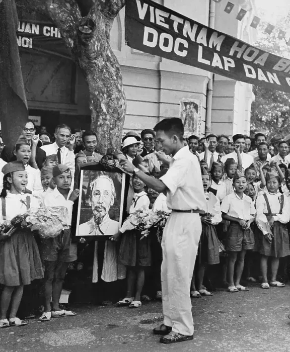 Framed Print : Young Children With Man Holding Portrait of Ho Chi Minh Framed Print : Young Children With Man Holding Portrait of Ho Chi Minh