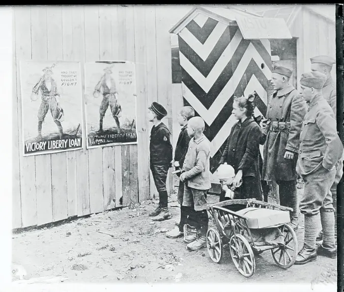Framed Print : Young Children and Soldier Reading American Military Advertisement Framed Print : Young Children and Soldier Reading American Military Advertisement