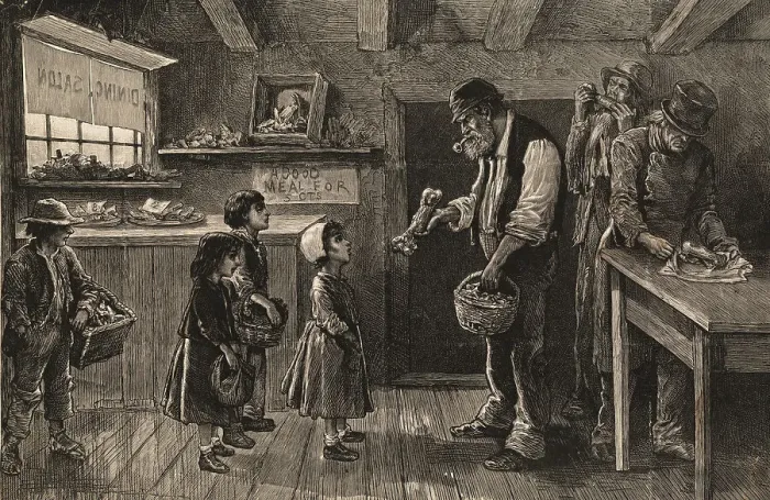 Framed Print : Young Children Waiting for Bones from Meat Saloon Worker Framed Print : Young Children Waiting for Bones from Meat Saloon Worker