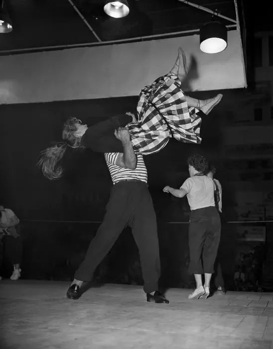 Framed Print : Young couple dancing in Best Rubber-Legged Couple contest, Sports Palace, Berlin, Germany, September 25, 1953