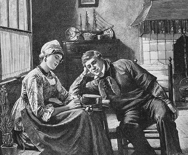 Young couple in the living room, he is trying to flirt with her, Germany, Historic, digital reproduction of an original from the 19th century