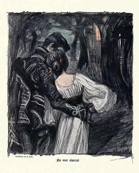 Young couple in love, walking through haunted darkness, Jugendstil art