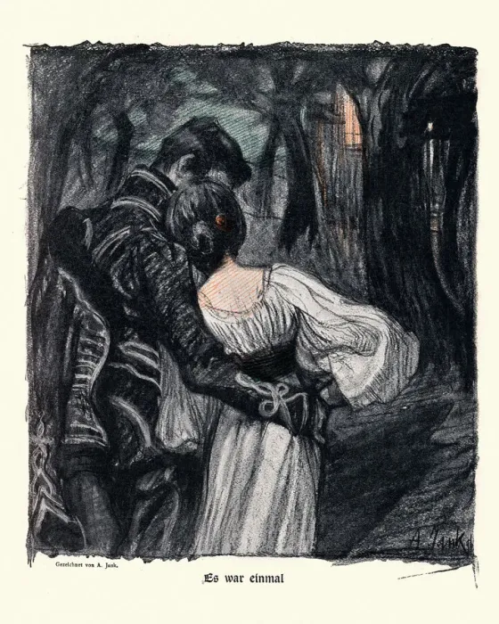 Framed Print : Young couple in love, walking through haunted darkness, Jugendstil art Framed Print : Young couple in love, walking through haunted darkness, Jugendstil art