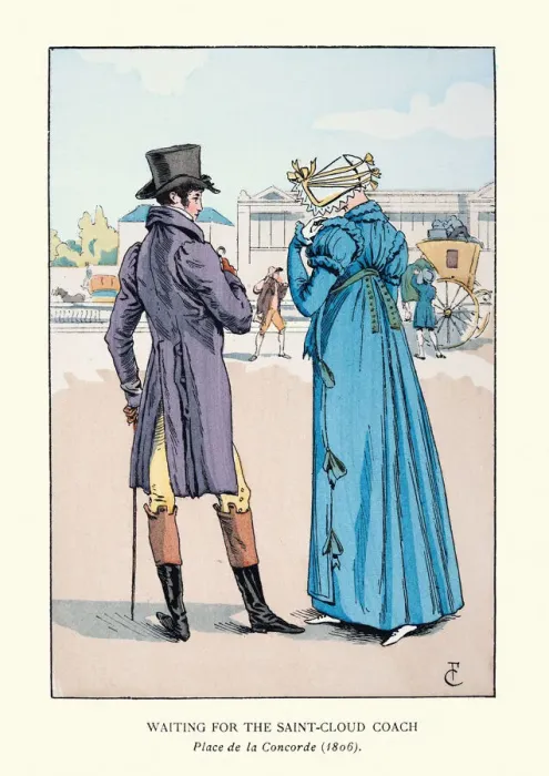 Framed Print : Young couple waiting for coach on Place de la Concorde, 1800s Framed Print : Young couple waiting for coach on Place de la Concorde, 1800s