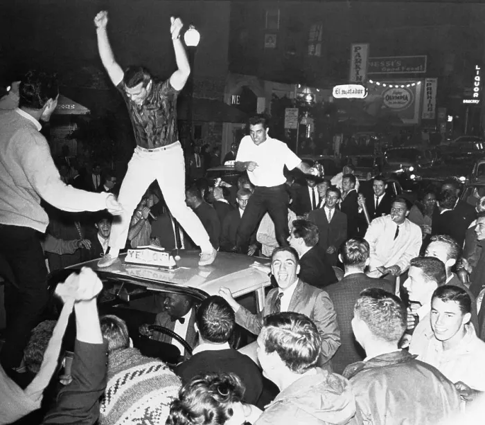 Framed Print : Young Crowd Atop Car and Surrounding for Giants Ball Game Victory Framed Print : Young Crowd Atop Car and Surrounding for Giants Ball Game Victory