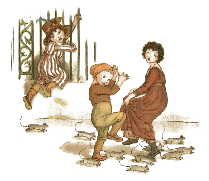 Framed Print : Young girl and two children trying to escape from rats