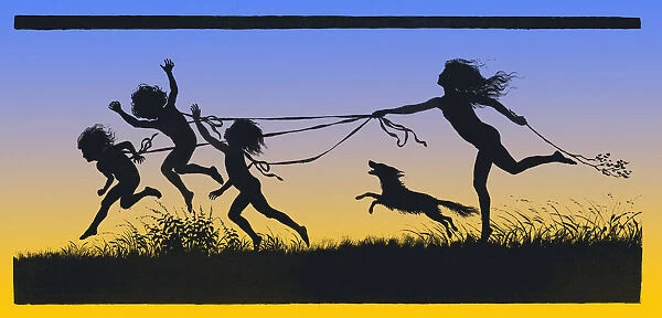 Young girl playing with her brothers at sunset in nature art nouveau 1896