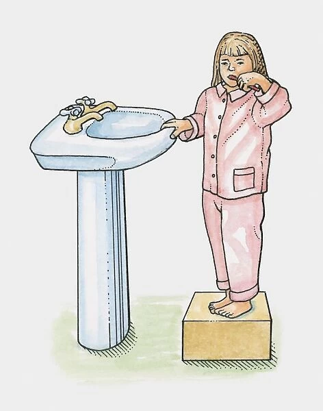 Young girl in pyjamas standing on box next to basin, brushing her teeth