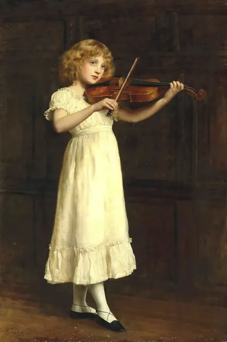 Framed Print : A young girl in a white dress plays the violin in a wood-panelled room Framed Print : A young girl in a white dress plays the violin in a wood-panelled room