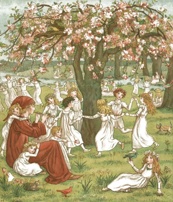Framed Print : Young girls dancing amongst the trees while the Pied Piper plays his pipe Framed Print : Young girls dancing amongst the trees while the Pied Piper plays his pipe