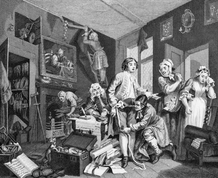 Framed Print : Young Heir taking possession of the Misers Effects, by Hogarth Framed Print : Young Heir taking possession of the Misers Effects, by Hogarth