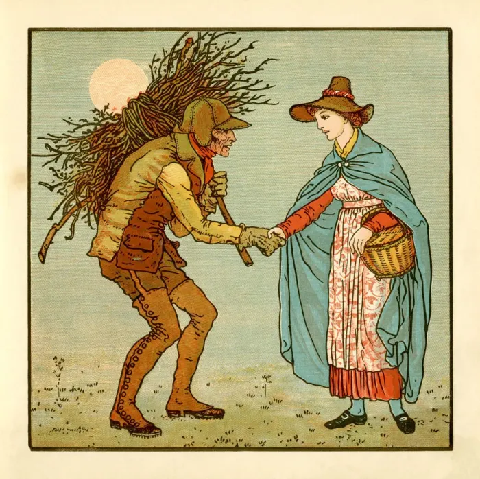 Framed Print : Young lady meeting an old man clothed all in leather Framed Print : Young lady meeting an old man clothed all in leather