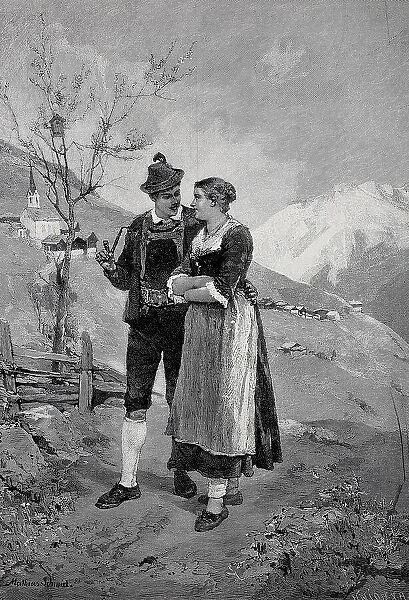 Young lovers walking in the mountains in spring, a church and a mountain village in the background, traditional traditional costume, Austria, 1898, Historic, digital reproduction of an original 19th century original, original date not known
