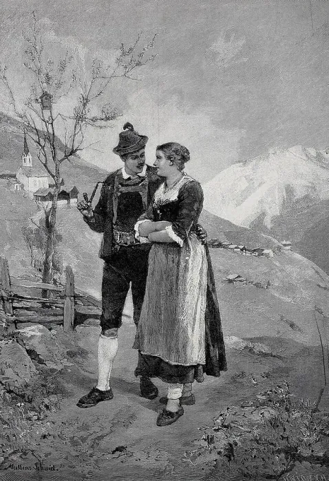 Framed Print : Young lovers walking in the mountains in spring, a church and a mountain village in the background, traditional traditional costume, Austria, 1898, Historic, digital reproduction of an original 19th century original, original date not known Framed Print : Young lovers walking in the mountains in spring, a church and a mountain village in the background, traditional traditional costume, Austria, 1898, Historic, digital reproduction of an original 19th century original, original date not known