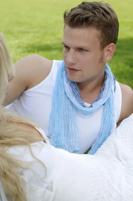 Framed Print : Young man in the arms of a woman on a lawn Framed Print : Young man in the arms of a woman on a lawn
