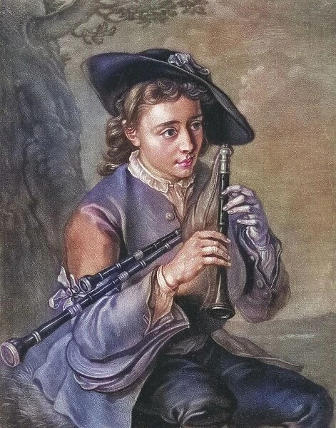 Young man with several flutes, musician, musician, 1770, France, Historical, digitally restored reproduction of a historical original
