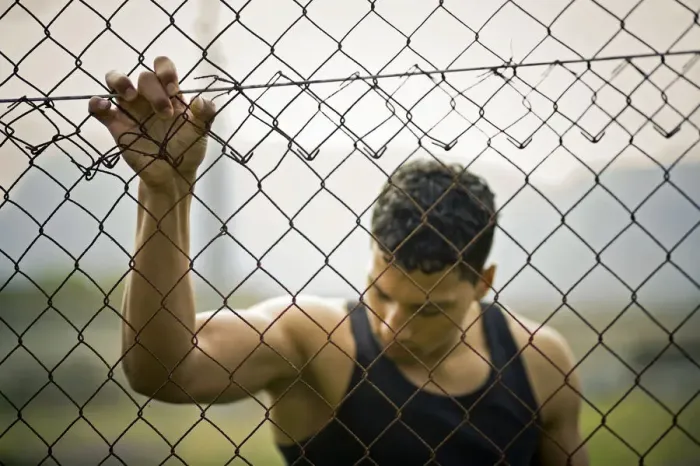 Framed Print : Young man holding onto a fence Framed Print : Young man holding onto a fence