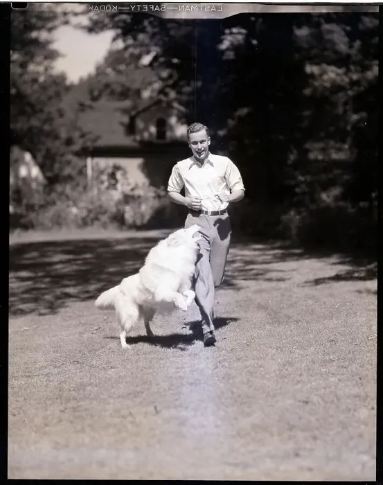 Framed Print : Young Man Running with Collie Framed Print : Young Man Running with Collie