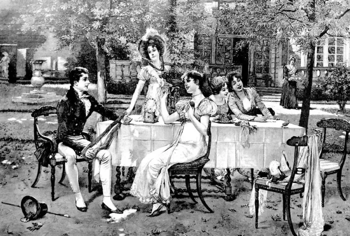 Framed Print : Young man sitting at restaurant table outdoor flirting with 4 young women Framed Print : Young man sitting at restaurant table outdoor flirting with 4 young women