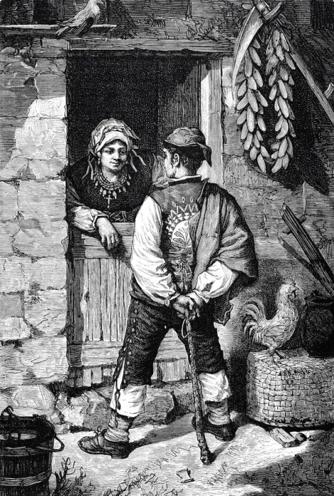 Framed Print : Young man talking to a young woman at the door, Spain