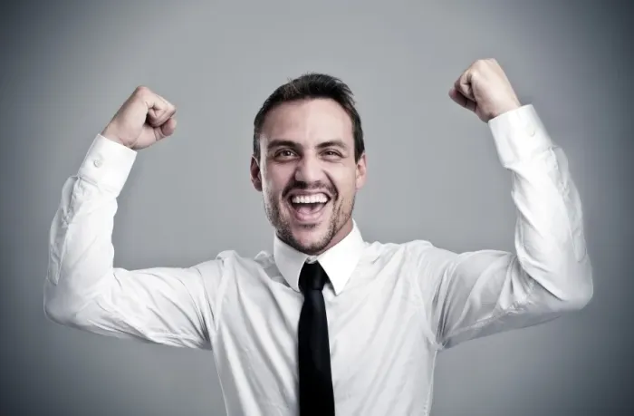 Framed Print : Young man wearing a shirt and a tie cheering, laughing, success, victory pose Framed Print : Young man wearing a shirt and a tie cheering, laughing, success, victory pose
