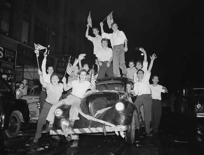 Framed Print : Young Men Celebrating Japan's Surrender Framed Print : Young Men Celebrating Japan's Surrender