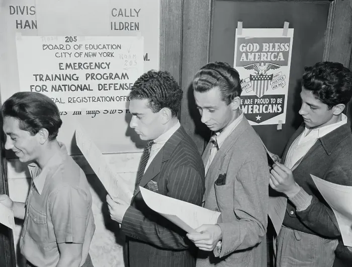 Framed Print : Young Men Stand in Registration Line Framed Print : Young Men Stand in Registration Line