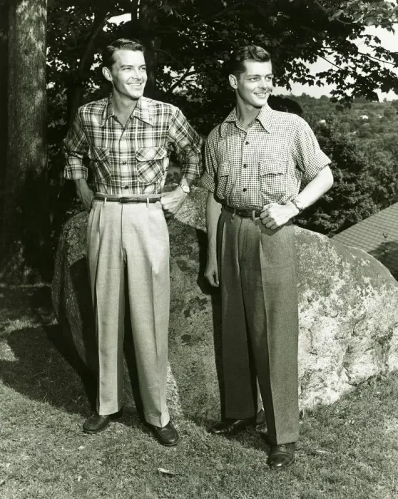 Framed Print : Two young men standing outdoors, (B&W)