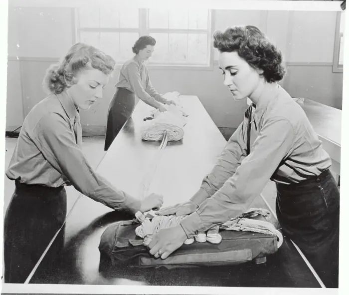 Framed Print : Young Military Women Working with Parachutes Framed Print : Young Military Women Working with Parachutes