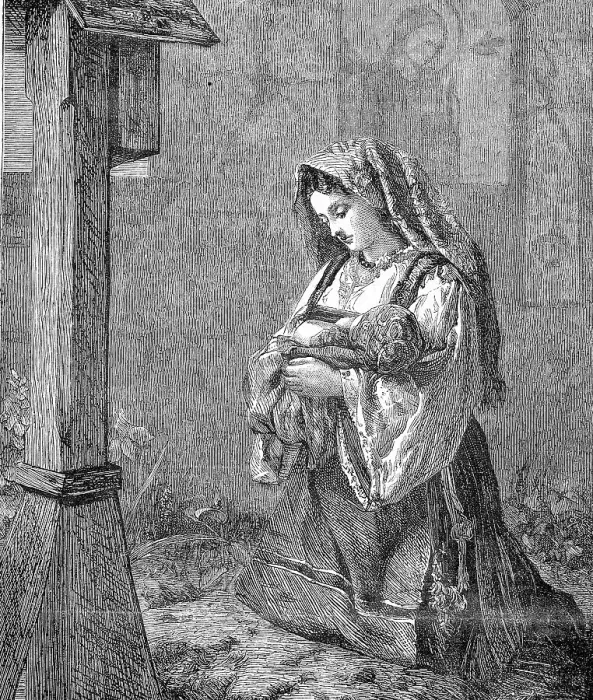 Framed Print : The Young Mother's Prayer for Her Baby in Front of a Cross, 1869, France, Historic, digitally restored reproduction of an original 19th century print, exact original date unknown Framed Print : The Young Mother's Prayer for Her Baby in Front of a Cross, 1869, France, Historic, digitally restored reproduction of an original 19th century print, exact original date unknown