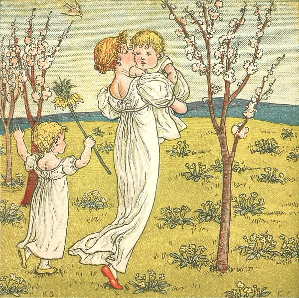 Young Regency style mother and her children in spring