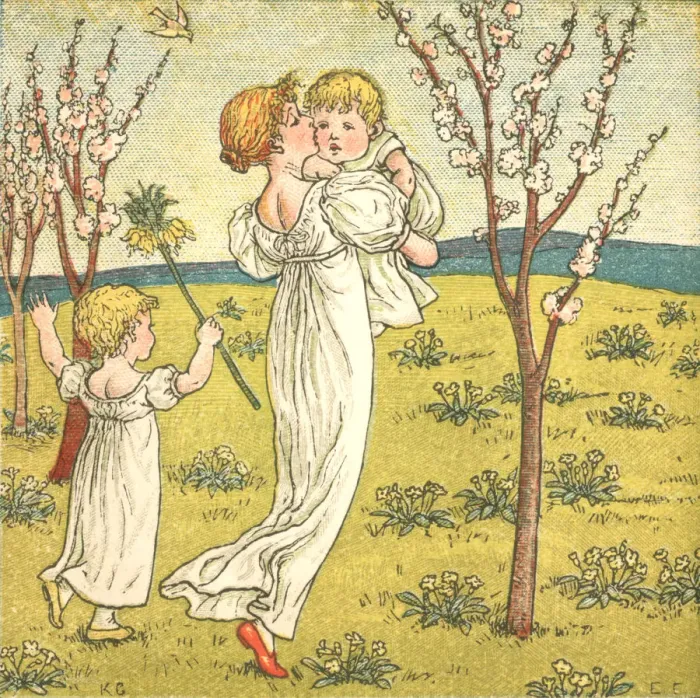 Framed Print : Young Regency style mother and her children in spring