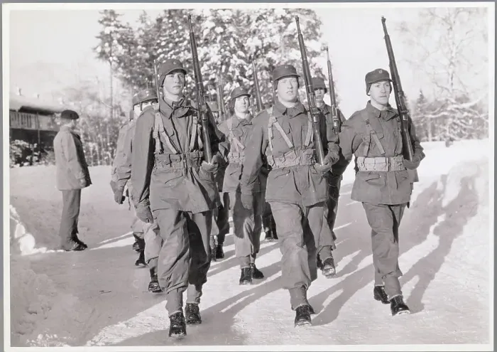 Framed Print : Young Soldiers Marching in Snow