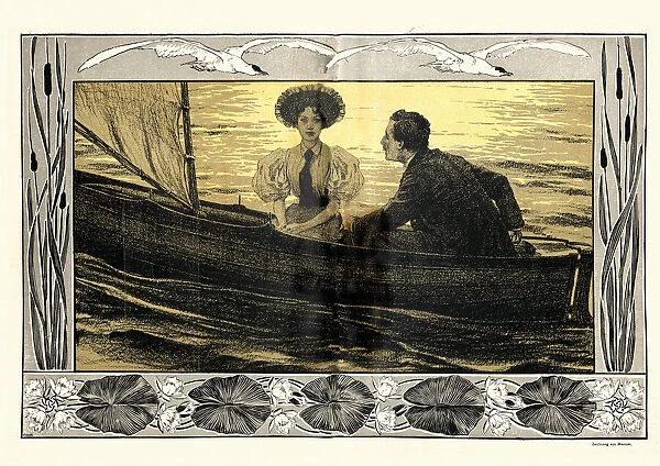 Young Victorian couple in a boat 19th Century, 1890s, Art Nouveau