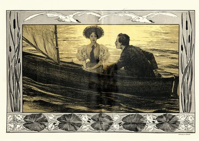 Framed Print : Young Victorian couple in a boat 19th Century, 1890s, Art Nouveau Framed Print : Young Victorian couple in a boat 19th Century, 1890s, Art Nouveau