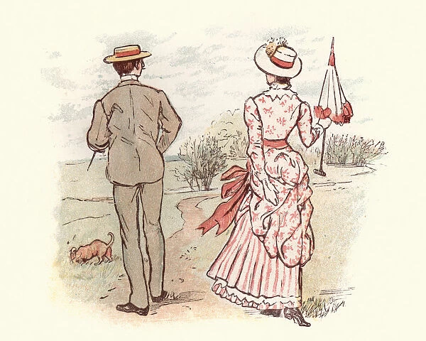 Young victorian couple walking in the contryside