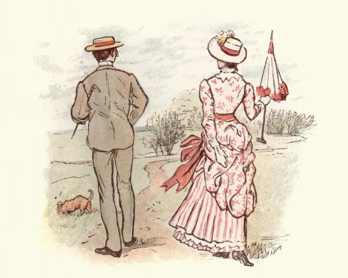 Framed Print : Young victorian couple walking in the contryside