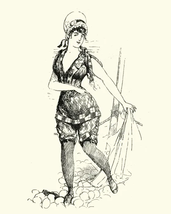 Framed Print : Young victorian woman in a bathing costume, 1880s Framed Print : Young victorian woman in a bathing costume, 1880s