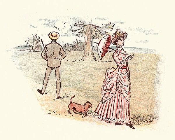 Young victorian woman walking with her dog