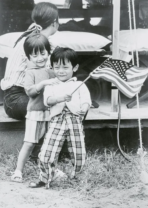 Framed Print : Young Vietnamese Children with American Flag Framed Print : Young Vietnamese Children with American Flag