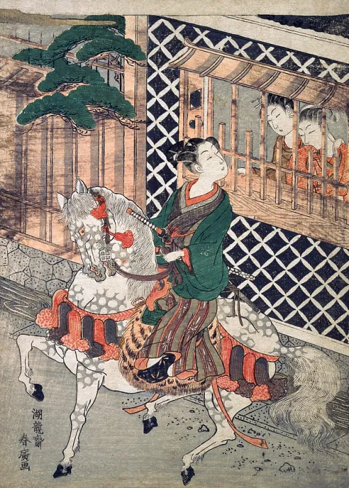 Framed Print : Young warrior flirting with two Young Girls Framed Print : Young warrior flirting with two Young Girls