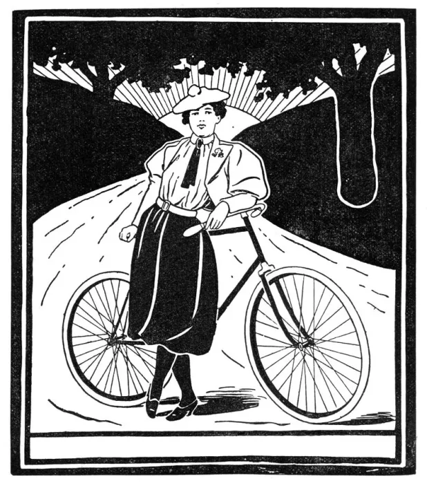 Framed Print : Young woman with bicycle on country road art nouveau 1897