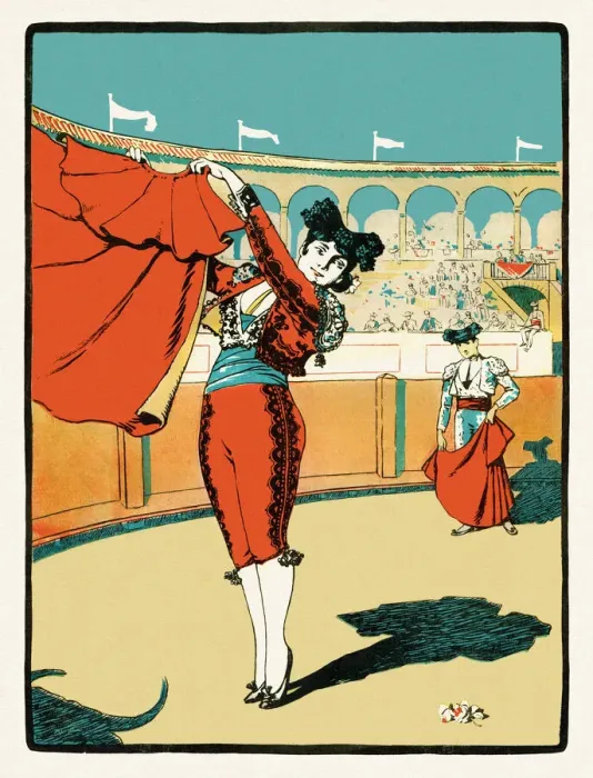 Framed Print : Young woman bullfighter in stadium fighting against bull art nouveau 1897