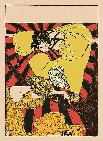Two young woman climbing in tree in nature art nouveau 1896