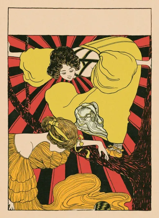 Framed Print : Two young woman climbing in tree in nature art nouveau 1896