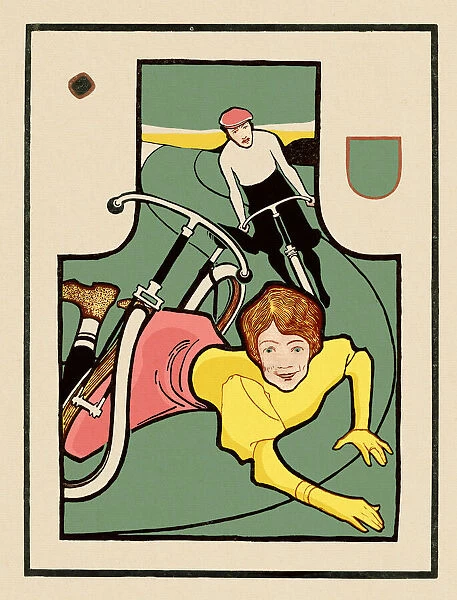 Young woman in dress with bicycle falling after crash art nouveau 1897